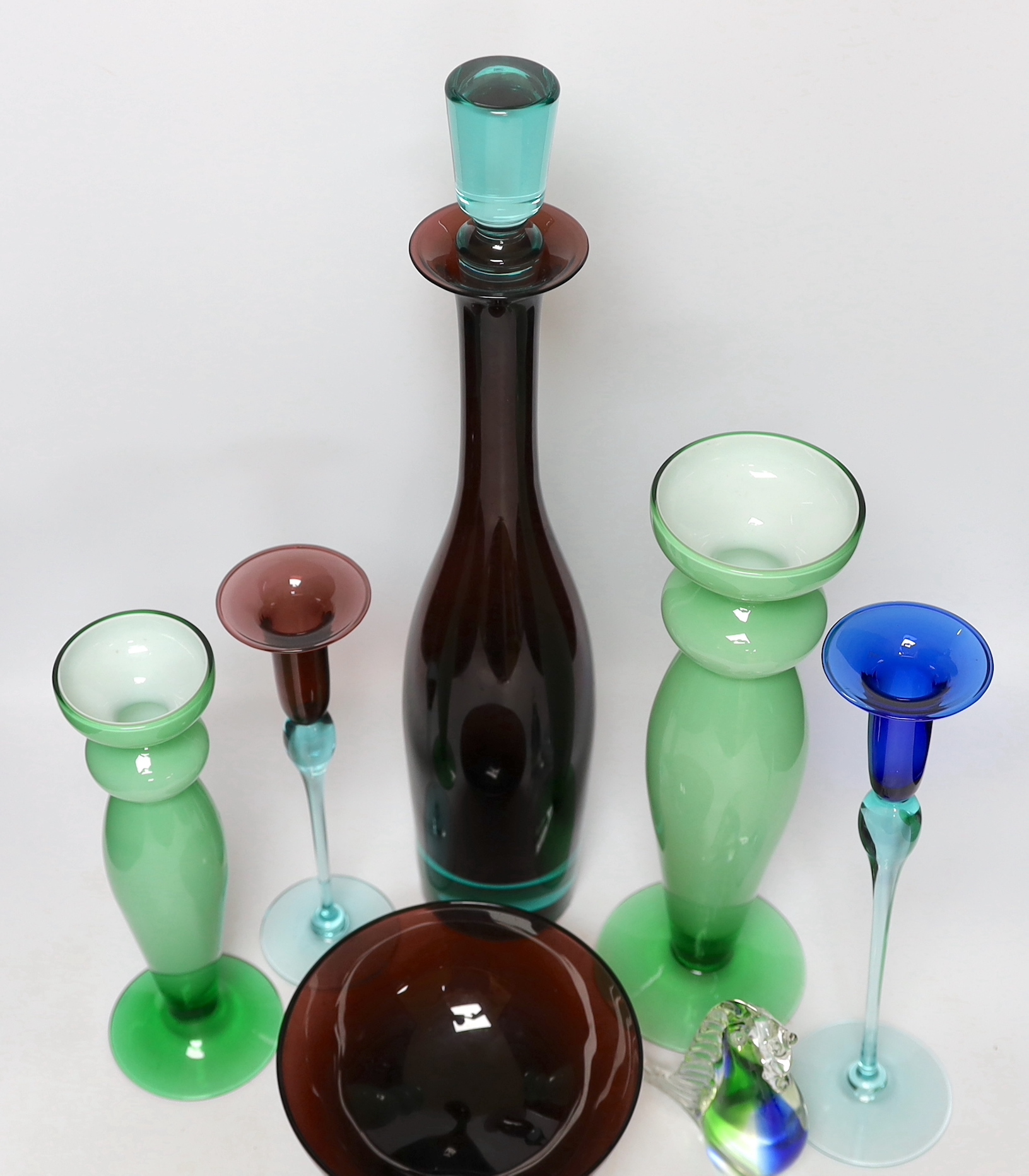 A quantity of various glass to include a Royal Copenhagen Harlekin glass decanter, two candlesticks, another pair of candlesticks, a bowl etc.